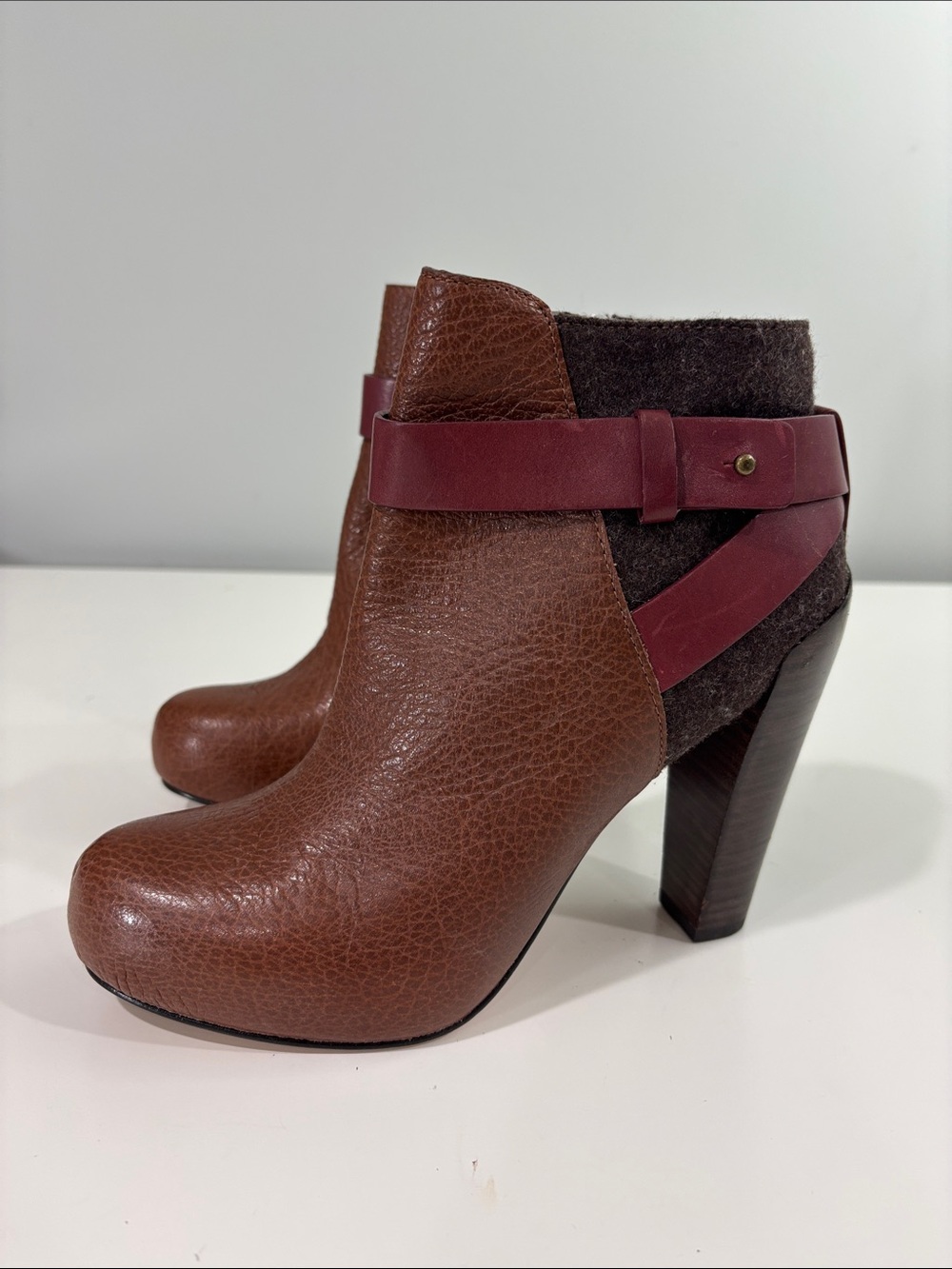 Cole Haan Brown Leather & Burgundy Strap Ankle Booties